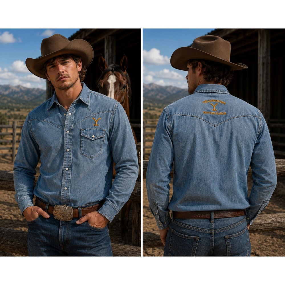 Yellowstone Dutton Ranch Denim Western Shirt Mens 2XL Blue Snap Front NWT